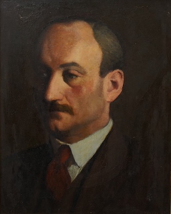 Oil on board, Head and shoulders portrait of Harold Avery, indistinctly signed lower right, 49 x 39cm. Condition - fair